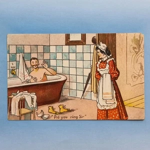 Postal cómica 1907 Maid Disturbs Masters Bathtime Did You Ring Sir Moustache - Imagen 1 de 2