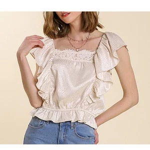 UMGEE Satin Animal Print Jacquard Lace Neck Back Tie Ruffle Cream Top Size L - Picture 1 of 7