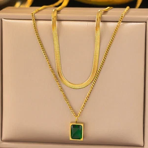 Gold-Plated Anti Tarnish Green Emerald Geometric Layered Necklace - Picture 1 of 8