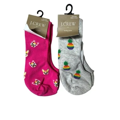 2对J。 Crew 女式 No Show 袜子粉色小狗彩虹菠萝新品 — 第 1/3 张图片