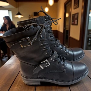 G by Guess Damen Schwarz Kampfstiefel 8M Schnürung Schnalle Moto Style - Bild 1 von 12