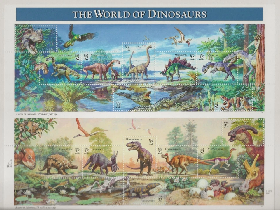 Scott #3136 World of Dinosaurs Sheet of 15 32¢ Stamps (1997) [696 - Image 1 of 1