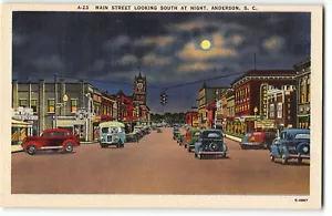 Anderson, SC - Main Street Blick nach Süden bei Nacht - 1940er Leinen Postkarte - Bild 1 von 2