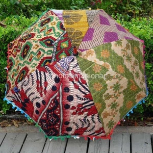 Indian Antique Vintage Sun Shade Umbrella Hand Embroidered Parasol pom pom Art - Picture 1 of 5