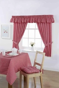 Gingham Check Cherry Red Unlined Readymade Curtains & Tiebacks 46" x 48" - Picture 1 of 2