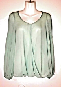 Takara Women's Top Medium Mint Green Long Sleeve Sheer Overlap Wrap Front Back - Picture 1 of 8