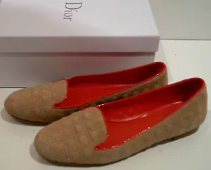 CHRISTIAN DIOR Beige Braun Wildleder Gesteppt Roter Besatz Flache Halbschuhe Schuhe EU40 UK7 - Bild 1 von 6