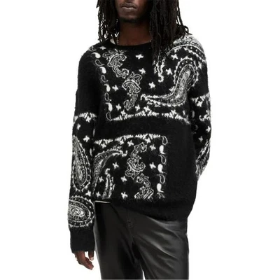 Suéter Pullover AllSaints Para Hombre Grande Negro Bandana Paisley Cuello Redondo HR2-63 Foto 1 de 4