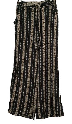 Pantalones ANGIE Negros Estampado Floral Rayas Pierna Ancha Rayón Cinturón Talla M Foto 1 de 4