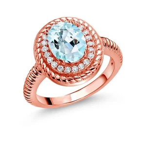 2.26 Ct Oval Sky Blue Topaz 18K Rose Gold Plated Silver Halo Engagement Ring - Picture 1 of 3