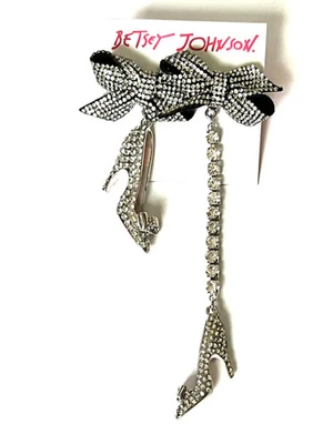 Betsey Johnson Holiday High Heel Shoes Bows Rhinestone Mismatch Drop Earrings - Image 1 of 4