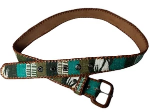 Vintage bunter guatemaltekischer handgewebter bestickter & Leder Boho Gürtel Größe 32 grün - Bild 1 von 7