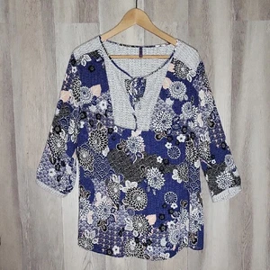 NYDJ Damen 1X Bluse Blumen Bindekragen 3/4 Arm leicht fließend - Bild 1 von 6