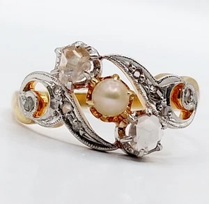 Anillo antiguo tourbillon oro 18k diamante talla rosa y perla (alrededor de 1... - Imagen 1 de 12