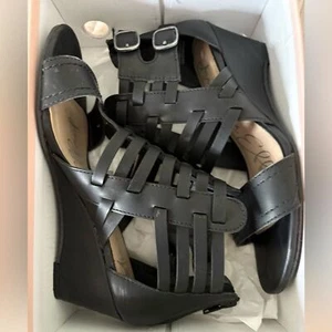 America Effect Black Leather Wedge Sandals with Cage Design Size 6.5 - Picture 1 of 8