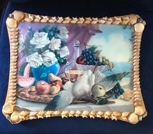 Vintage Matrose Volkskunst Muschelrahmen konvex Glas Wandbehang Italien - Bild 1 von 6