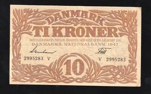 Denmark, 10 Kroner, 1943, p 31 , Serial Number: V / 2995283 - Picture 1 of 2