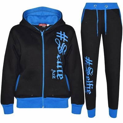 Kids #SELFIE Blue Tracksuit Hoodie Sweatpants Zipper Joggers Set Girls Boys - Image 1 of 2