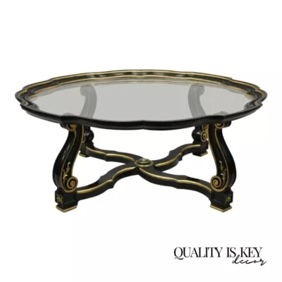 Mesa de centro italiana vintage estilo Hollywood Regency negra y dorada con tapa de vidrio Foto 1 de 4