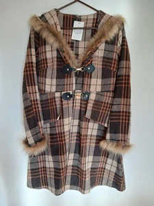 NWT Women's Hooded Orange & Brown Plaid Flannel Jacket With Faux Fur Trim L - Picture 1 of 6
