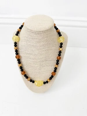 NWT Genuine Amber, Pearls & Black Onyx Beads Beaded Necklace Orange Black Bronze - Image 1 of 4