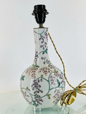 Pied De Lampe Ancien en Porcelaine Déco Végétale Peint À La Main Vintage 1950 - Photo 1/4