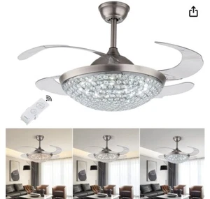 42" Invisible LED Ceiling Fan Light Crystal Retractable Chandelier Lamp w Remote - Picture 1 of 2