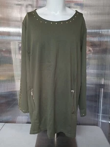 K.Jordan Top Womens Studded Tunic Size 4X Long Zip Stud Sleeves Zip Back Olive - Picture 1 of 15