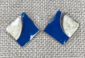 Orecchini Vintage Blu Panna Giro Dorato Smalto Forma Diamante Nonna Costa - Foto 1 di 2