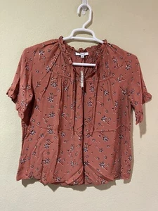 Madewell Shirt Top Sz M Burnt Orange Flowy Floral Neck Tie Front Short Sleeve B7 - Picture 1 of 5