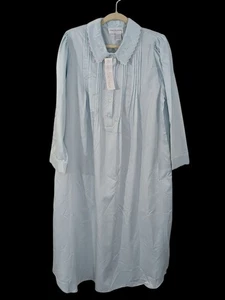 MISS ELAINE Nightgown 1X Long Sleeve Blue Satin Out Flannel Inside Embroidered - Picture 1 of 7