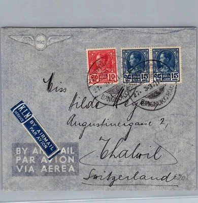 1937 Bangkok Tailandia KLM Servicio Correo Aéreo Cubierta a Thalwil Suiza Foto 1 de 2