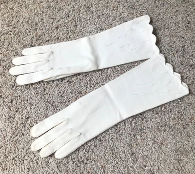 Guantes formales festoneados bordados de 13" de algodón blanco vintage para mujer talla 7 1/2 Foto 1 de 4