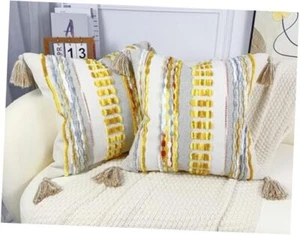 Boho Throw Pillow Covers 16x16 Aesthetic 16" x 16" (Pack of 2) Yellow and Grey - Picture 1 of 7