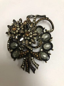VINTAGE AVON SP RHINESTONE FLOWER BOUQUET SMOKIE TOPAZ BROOCH PIN 3" LONG - Picture 1 of 8