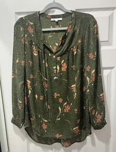 DR2 grüne Tunika Bluse mit rostfarbenen Blumen & 3/4 Rollriegelärmeln SMALL - Bild 1 von 12