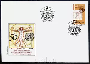 1998 Leonardo,Leonardo da Vinci,Vitruvian Man,Human Rights,Romania,Mi.5363, FDC - Picture 1 of 1