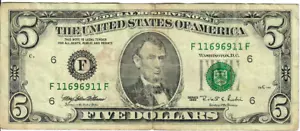 1995 5$ Federal Reserve Note - Green Seal - MEW/RER F11696911F - #13718 - Picture 1 of 2