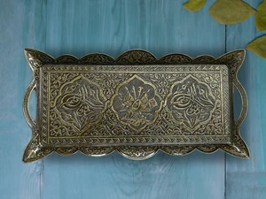 Vintage-Inspired Zamak Rectangle Tray - Antiqued Gold, Coffee, Drinks, Table Set - Picture 1 of 15