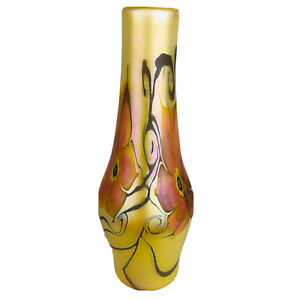 VTG Signed Vandermark ART NOUVEAU Iridescent￼ Glass Vase PINK Floral 10.5”