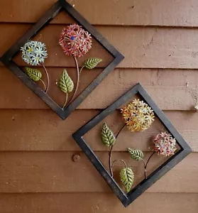 Juego de 2 relieves de pared vintage retro de metal con flores funky - Imagen 1 de 13
