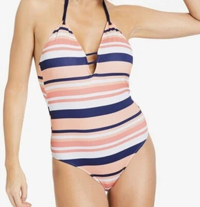 JD Williams Halter Plunge Swimsuit Orange Blue Stripes Size UK 16 A3 - Picture 1 of 4