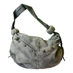 Queen Collection Latifah Suede Studded Gray Hobo Shoulder Zip Bag Fringe - Picture 1 of 15