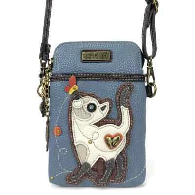 NEW CHALA CREAM GREY SIAMESE SLIM CAT KITTEN CELL PHONE CROSSBODY PURSE BLUE - Image 1 of 4