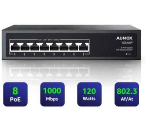 Aumox SG308P 8 Port Gigabit PoE Switch 120W AC100-240V 52V--2,3A Neu Open Box - Bild 1 von 4
