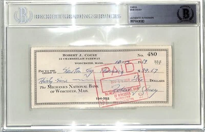 Bob Cousy 1959 vintage firmado automáticamente cheque personal certificado de autenticidad JSA BAS Foto 1 de 2