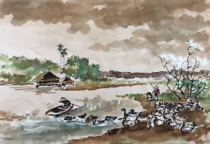 Aquarelle Vietnamienne Sur Tissu, Signature à Identifier, Art d'Asie, XXe - Imagen 1 de 7
