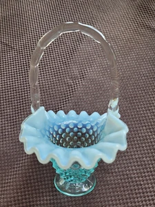 Fenton Light Blue Opalescent Hobnail Glass Basket, 6 1/2" Tall - Picture 1 of 7
