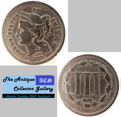 1865 US Phila Mint Copper-Nickel Three Cent Piece🪙 Civil War Era🪙B - Image 1 of 4