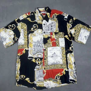 Monticerutti Button Up Hemd Herren Medium Schwarz Gold Barock Print Viskose Korea - Bild 1 von 10